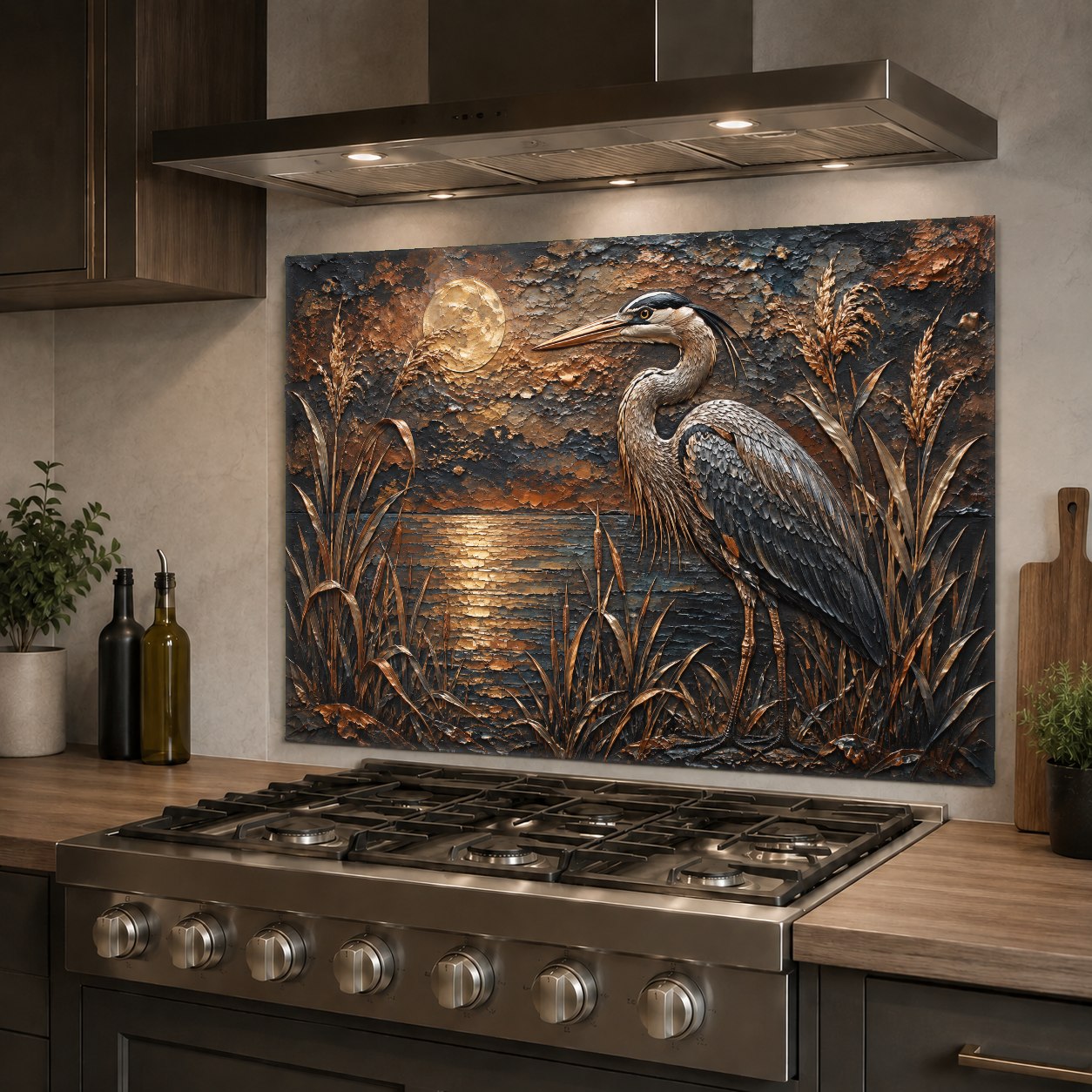 Elegant blue and silver moonlit heron backsplash panel protecting the wall behind a kitchen sink.