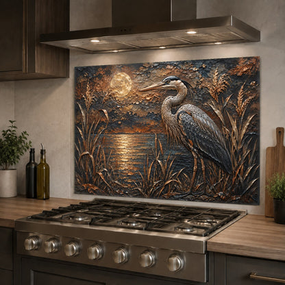 Elegant blue and silver moonlit heron backsplash panel protecting the wall behind a kitchen sink.