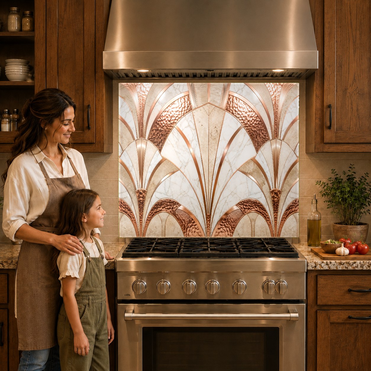 Modern copper look kitchen glass backsplash panel mounted over a gas cooktop