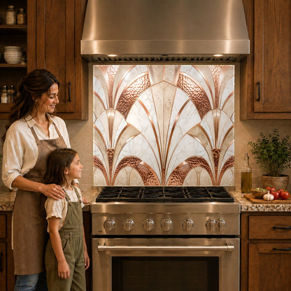 Modern copper look kitchen glass backsplash panel mounted over a gas cooktop