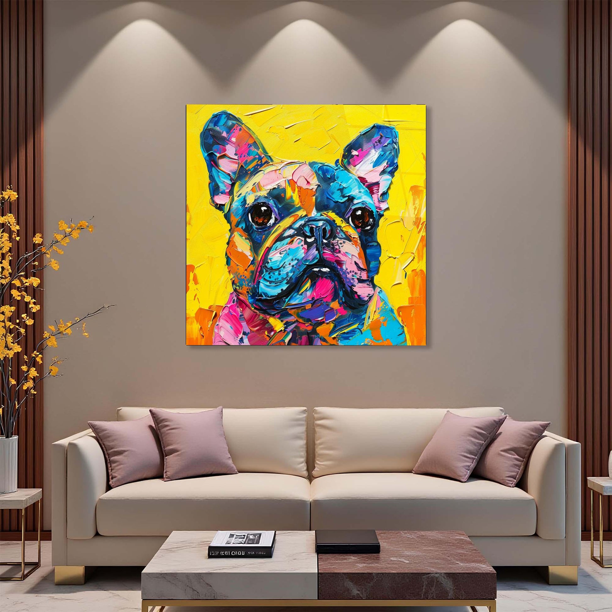 Colorful abstract painting of a dog on a wall above a beige sofa.
