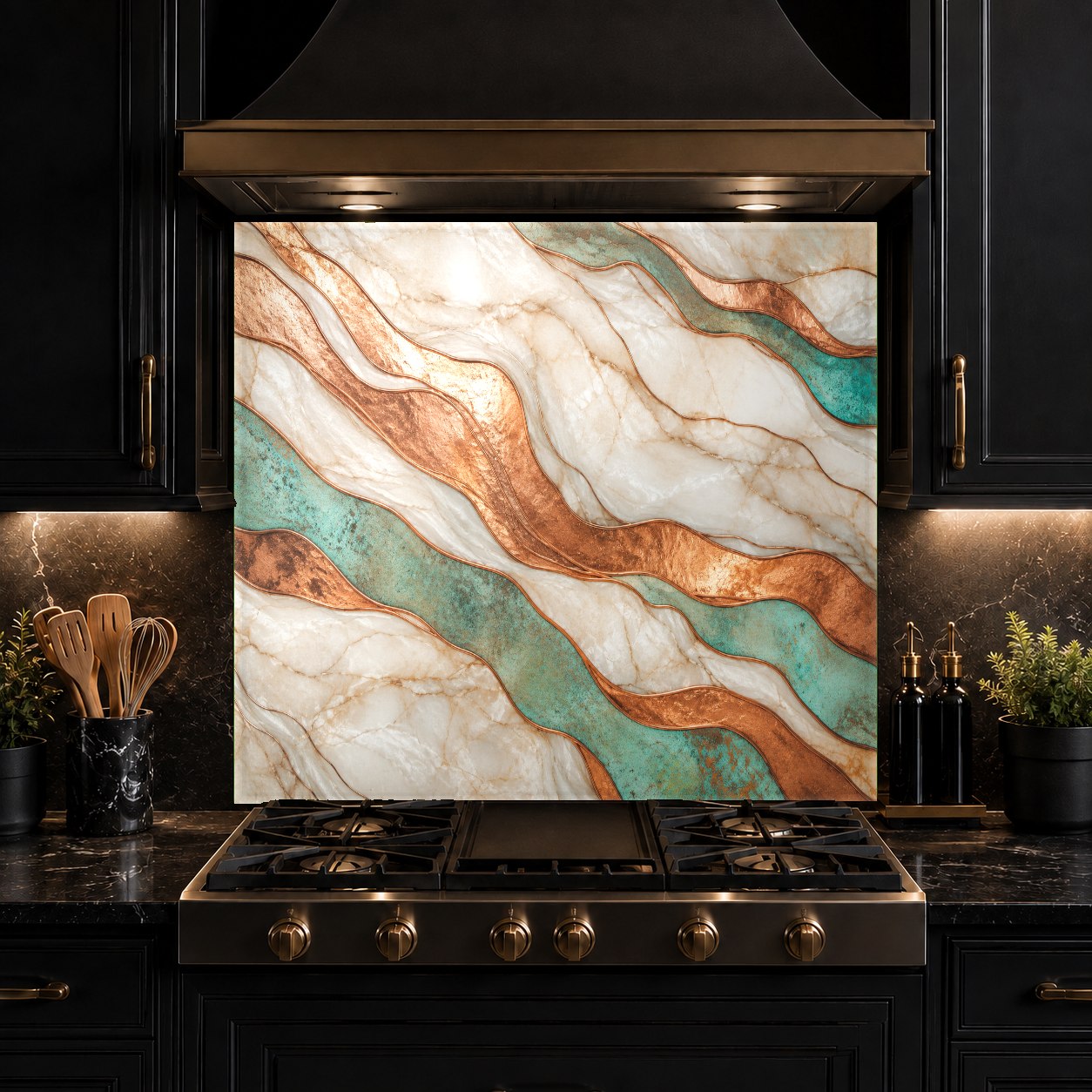 Hygienic and grout-free copper patina glass backsplash panel on a kitchen wall behind a modern range.