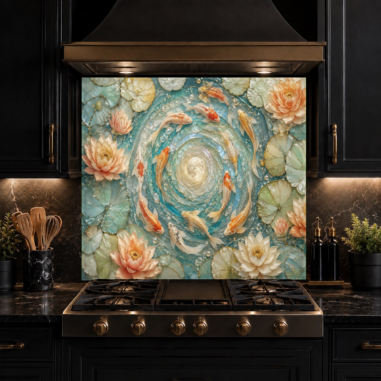 High-quality glass backsplash with golden koi motif perfectly mounted behind a professional range cooktop.