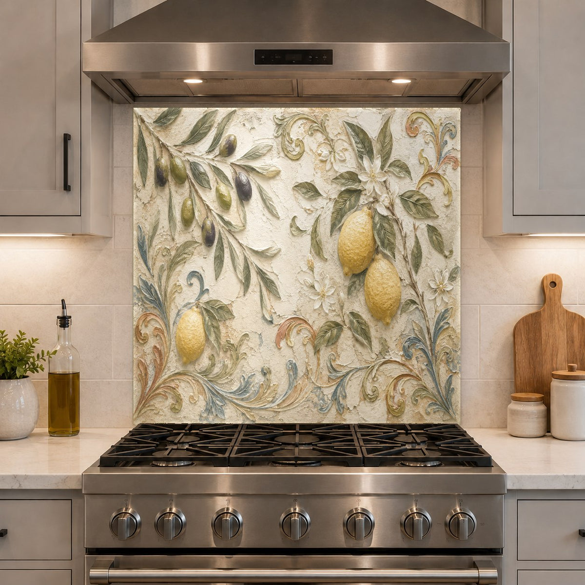 A high-gloss lemon and olive grove glass backsplash panel reflecting light in a modern white kitchen.