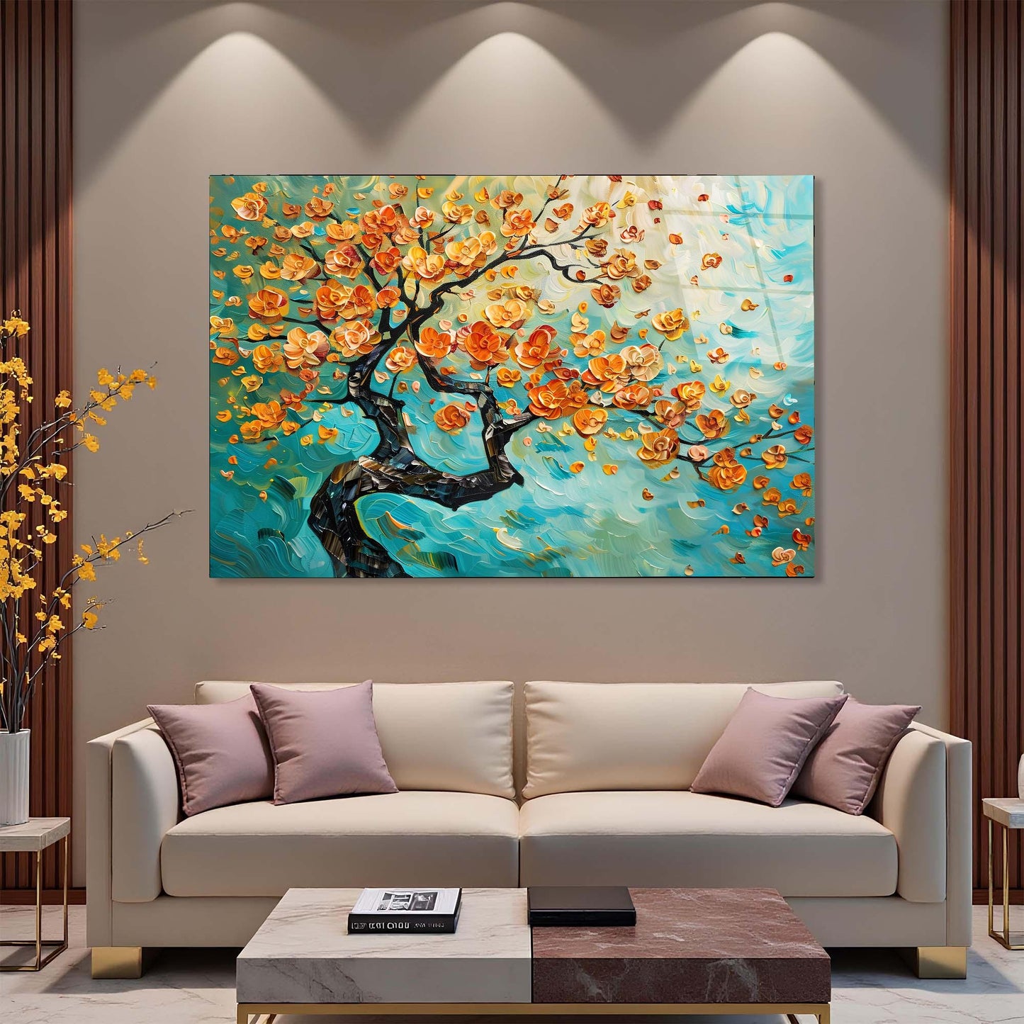 Decorative painting of a floral tree on a wall above a beige sofa with purple cushions.