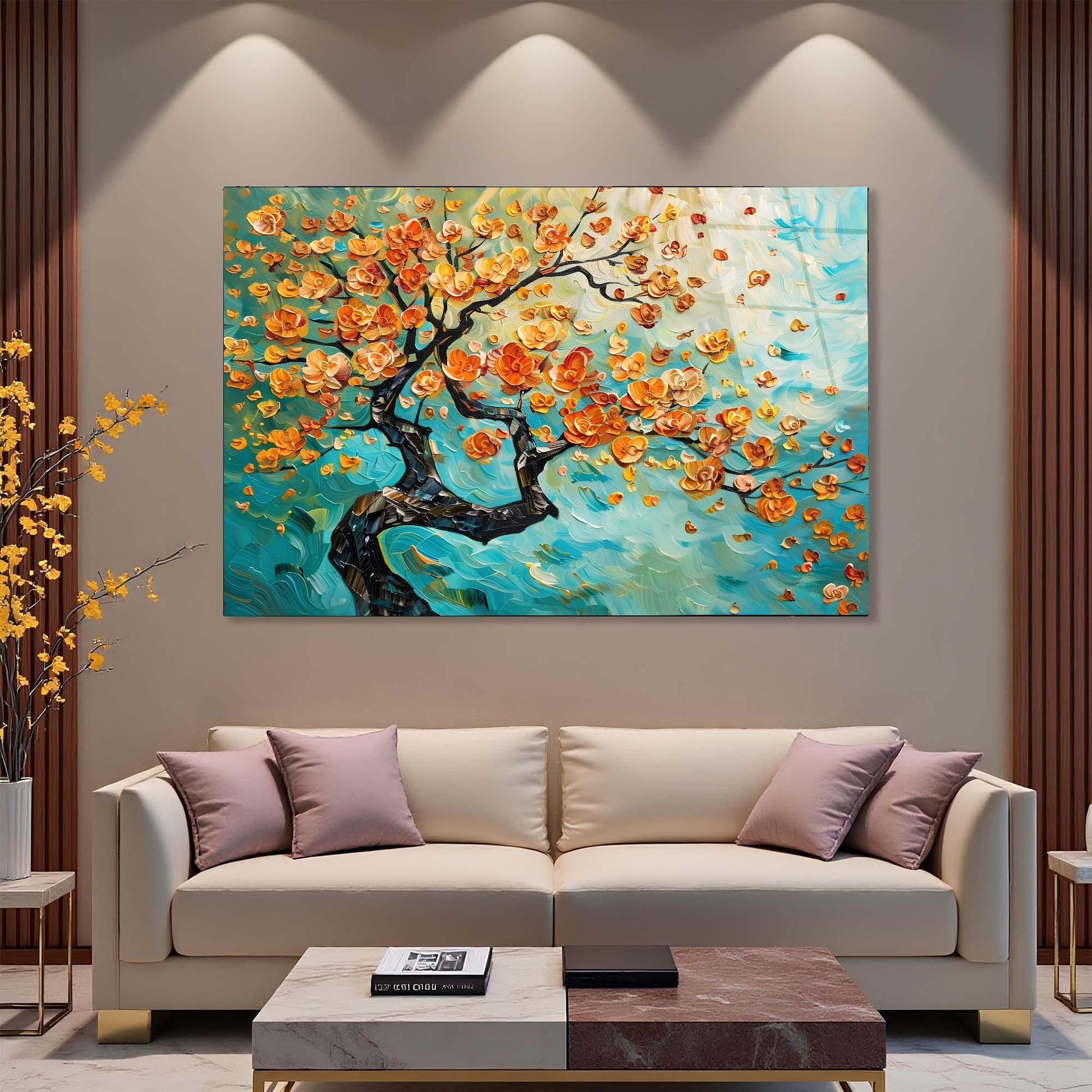 Decorative painting of a floral tree on a wall above a beige sofa with purple cushions.