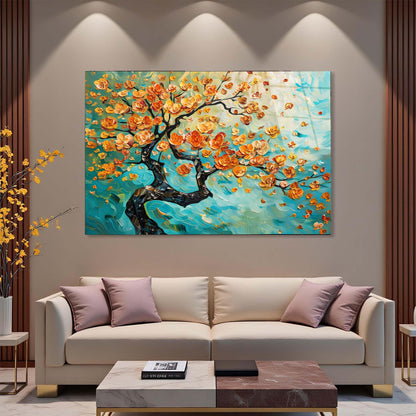 Decorative painting of a floral tree on a wall above a beige sofa with purple cushions.
