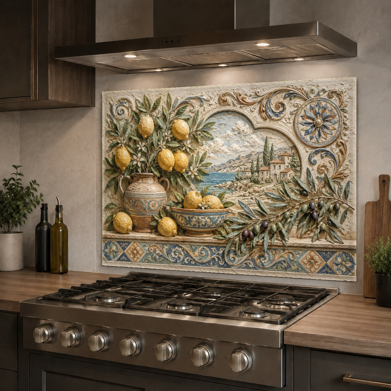 Vibrant olive and lemon printed glass backsplash protecting kitchen wall