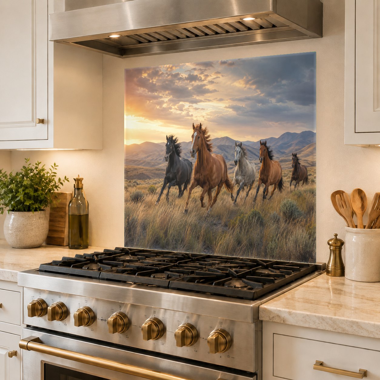 Wild horses glass kitchen backsplash panel mounted behind a farm sink with bronze fixtures.