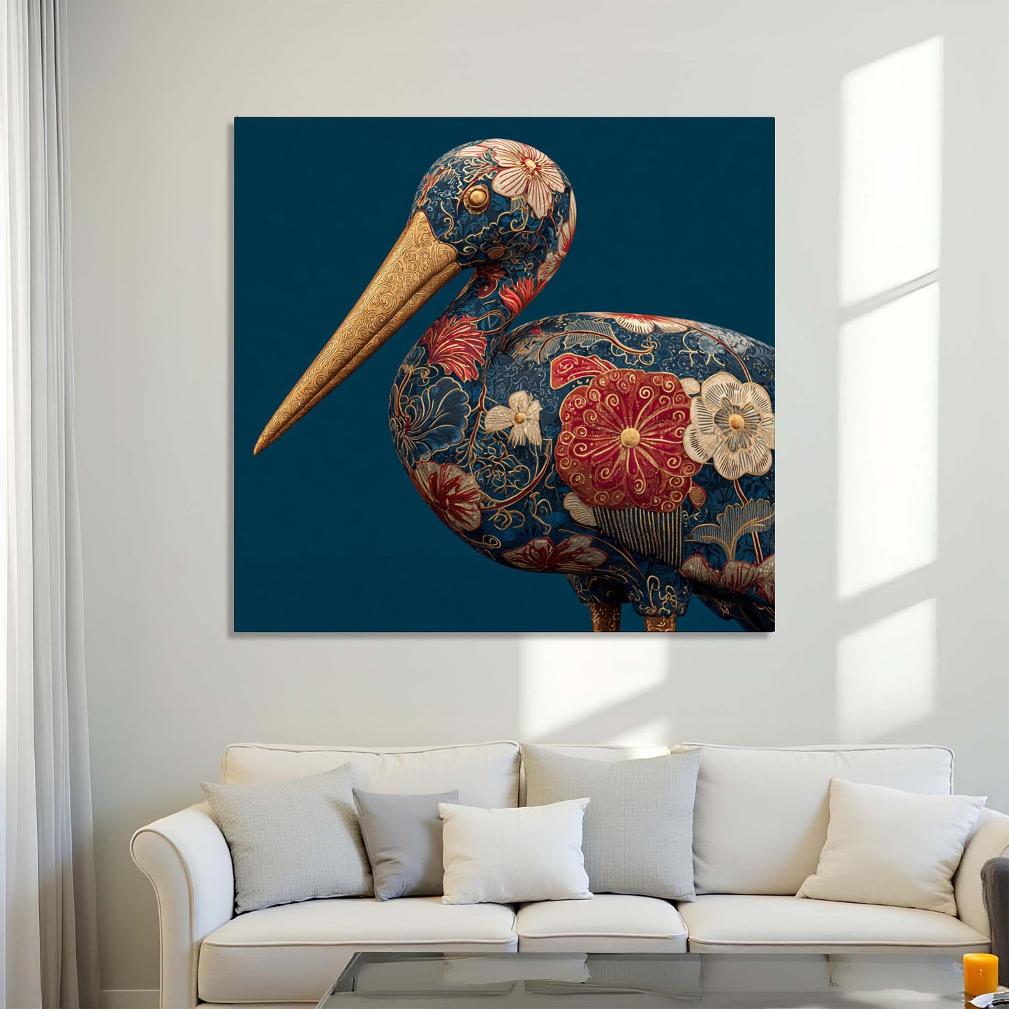 Decorative pelican painting on a wall above a white sofa