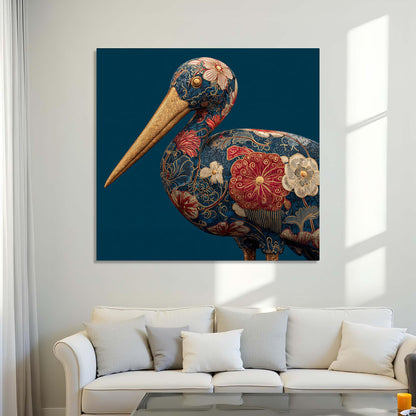 Decorative pelican painting on a wall above a white sofa