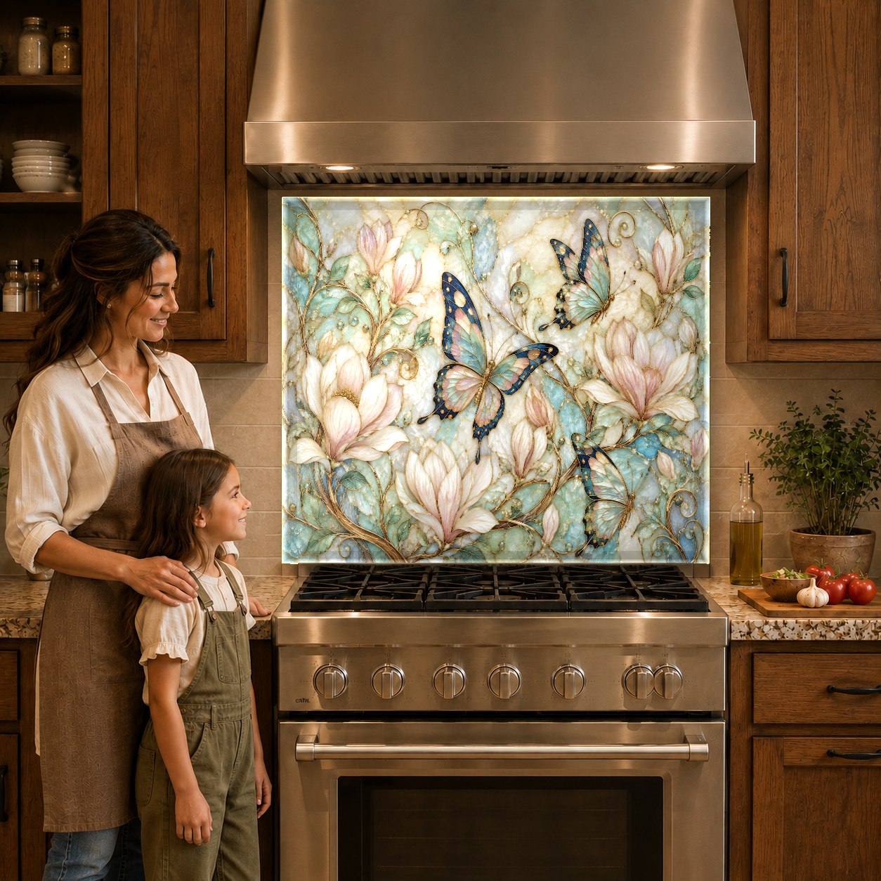 Butterfly glass kitchen panel installed behind electric cooktop