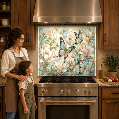 Butterfly glass kitchen panel installed behind electric cooktop
