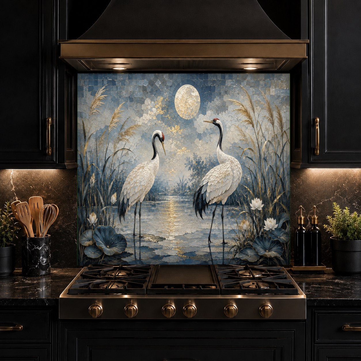 Seamless and grout-free Moon Cranes tempered glass backsplash panel in a minimalist modern kitchen setup.