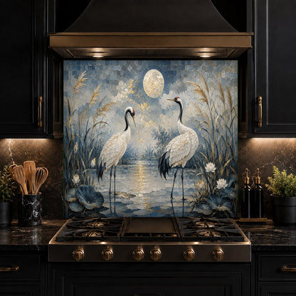 Seamless and grout-free Moon Cranes tempered glass backsplash panel in a minimalist modern kitchen setup.