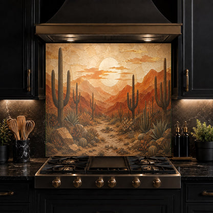Hygienic and easy-to-clean desert sunset glass backsplash installed as a full-height stove backsplash.