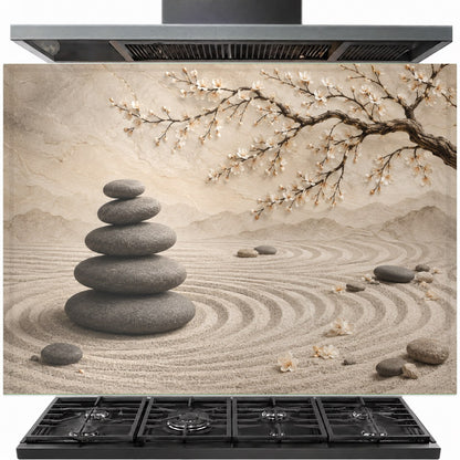Zen Blossom tempered glass backsplash panel installed behind a modern gas stove cooktop.