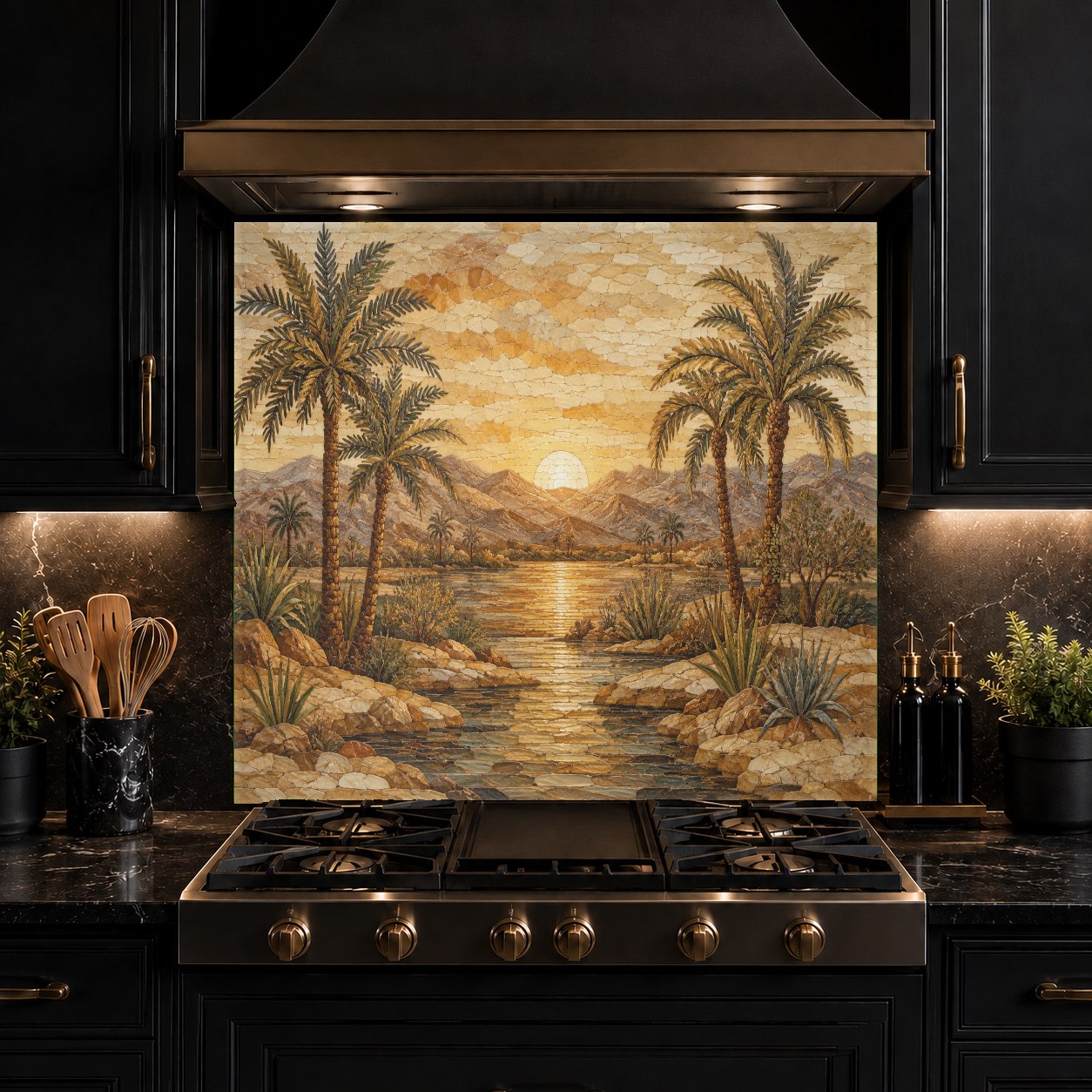 Deco Sunrise glass backsplash panel installed on a kitchen island wall, adding a luxury geometric touch.