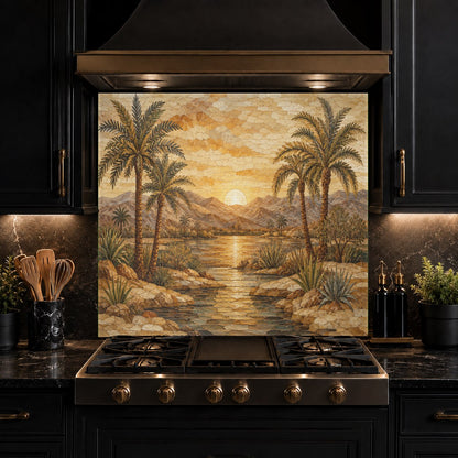 Deco Sunrise glass backsplash panel installed on a kitchen island wall, adding a luxury geometric touch.