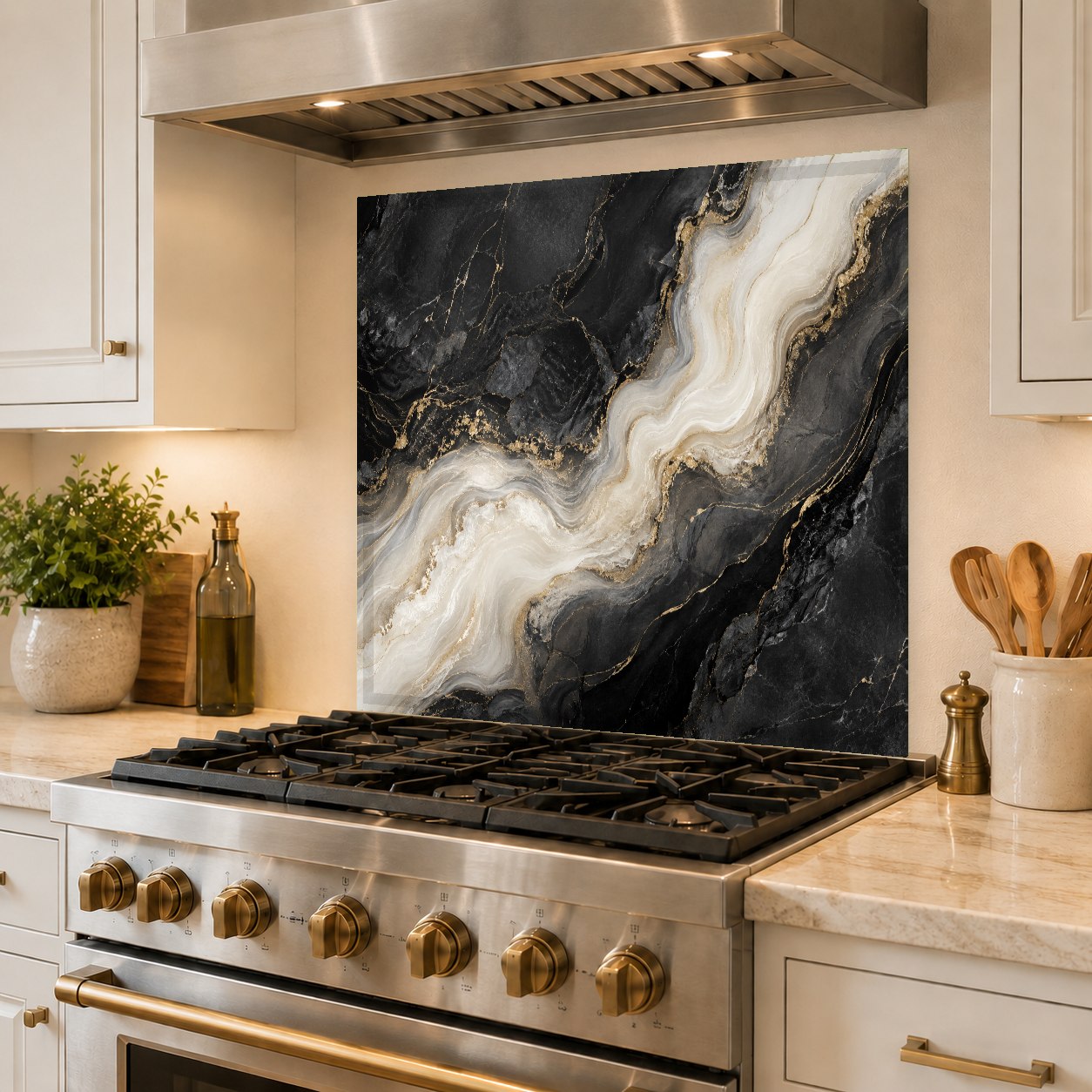 Sleek white marble tempered glass backsplash protecting kitchen wall tiles