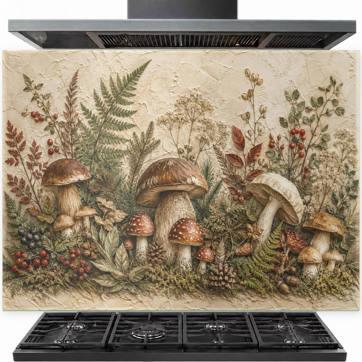 Mushroom Garden tempered glass backsplash installed behind a modern gas stove in a cozy rustic kitchen.