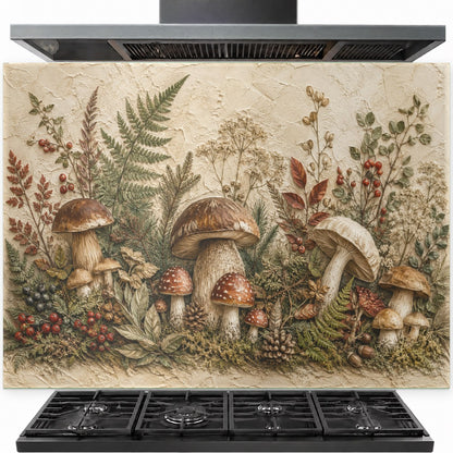 Mushroom Garden tempered glass backsplash installed behind a modern gas stove in a cozy rustic kitchen.