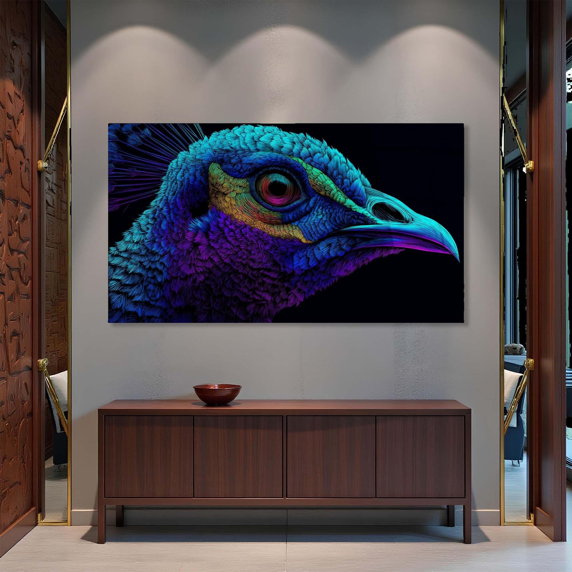 Colorful bird head painting on a wall above a wooden cabinet.