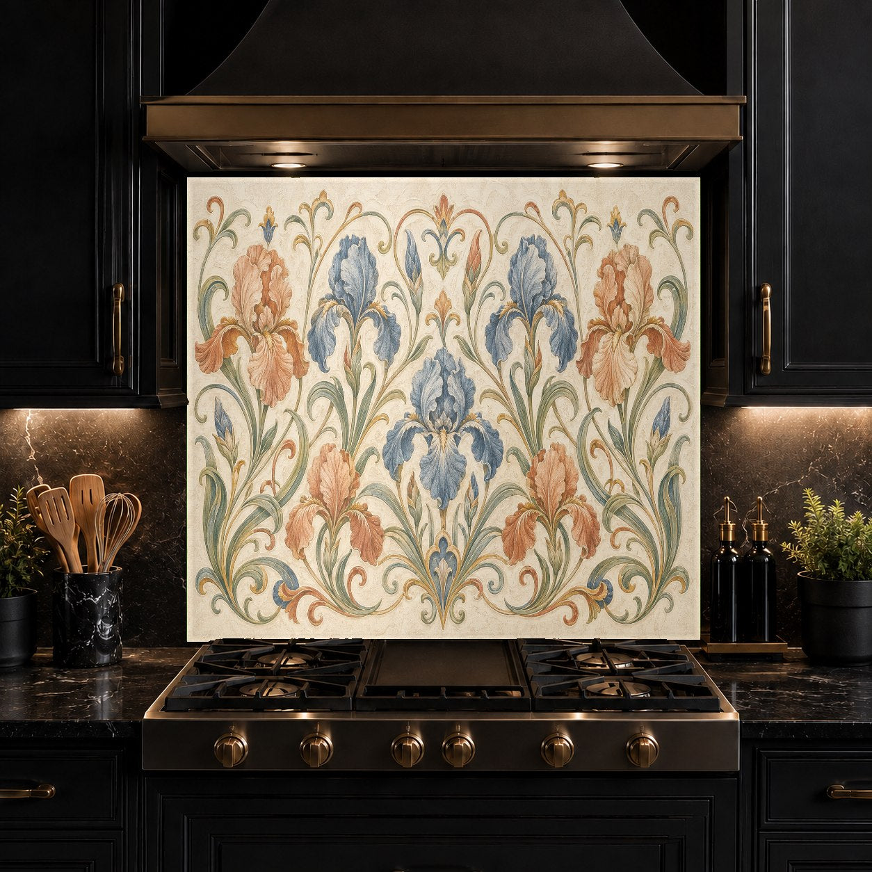 Modern kitchen layout featuring a floral beige tempered glass backsplash panel behind a black cooktop.