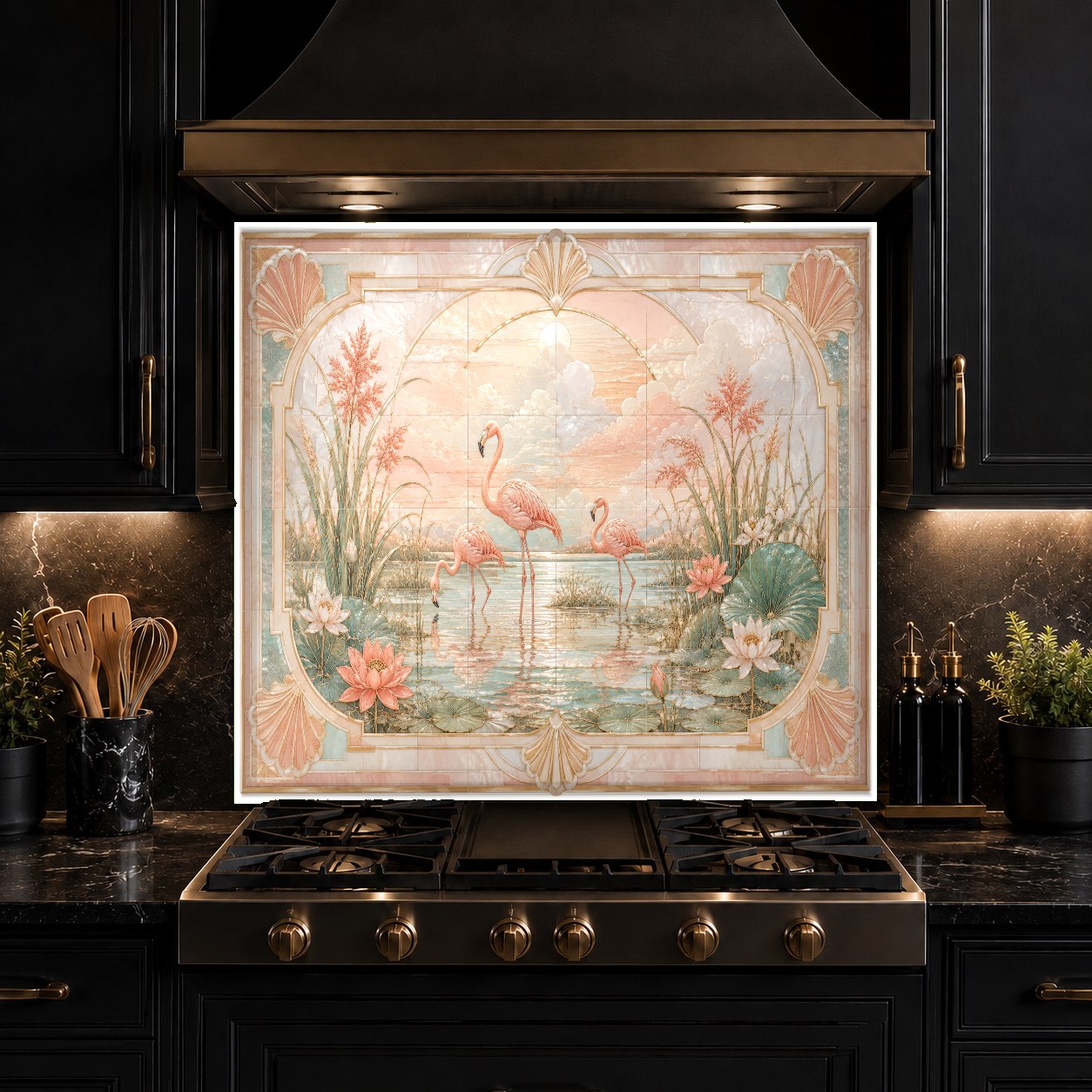Tempered glass kitchen backsplash featuring pink flamingos behind a stainless steel range