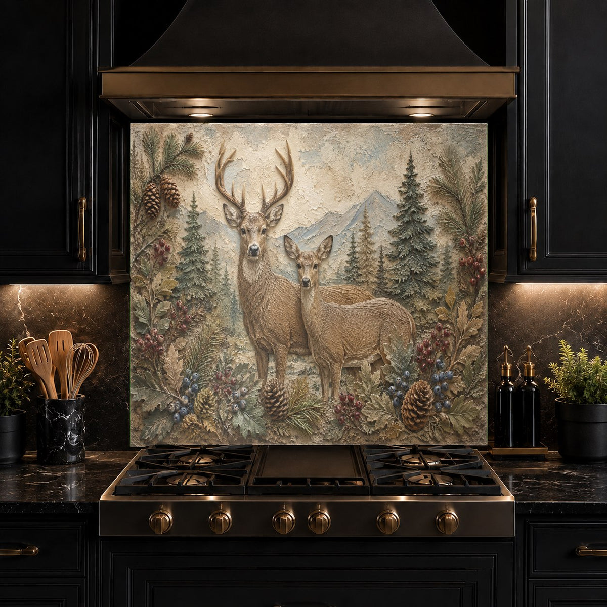 Cozy cabin kitchen featuring a heat-resistant glass backsplash with a deer family print behind the stove.