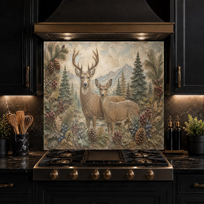 Cozy cabin kitchen featuring a heat-resistant glass backsplash with a deer family print behind the stove.