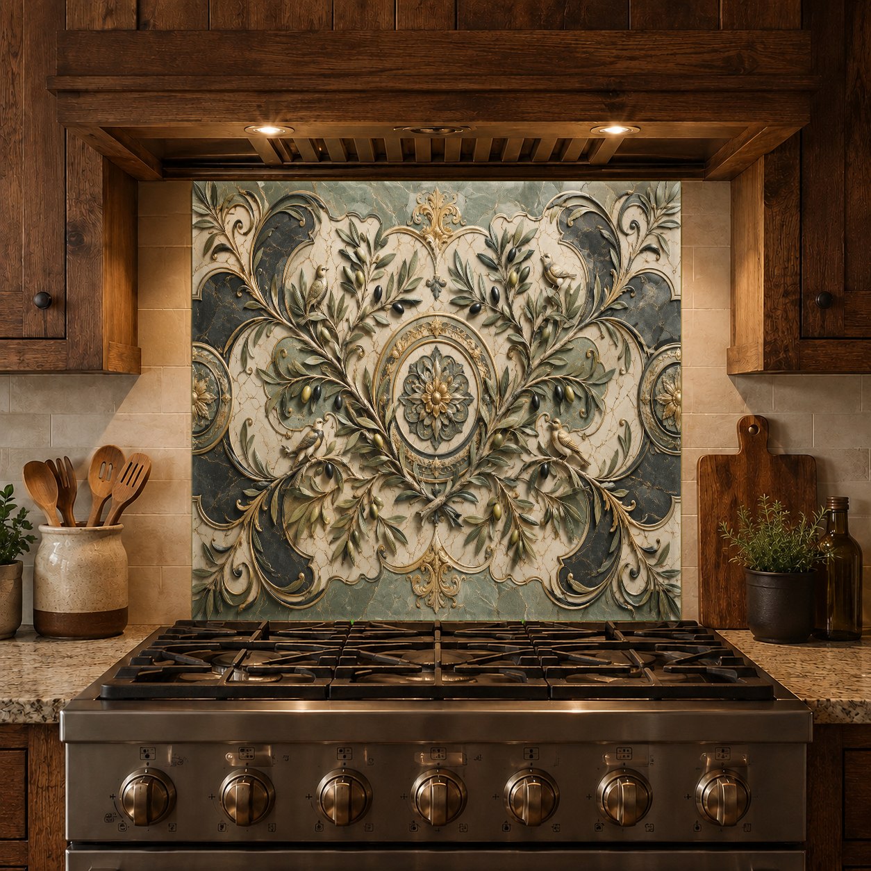 Earthy green and gold olive branch patterned glass backsplash behind a wet bar sink in a luxury home.
