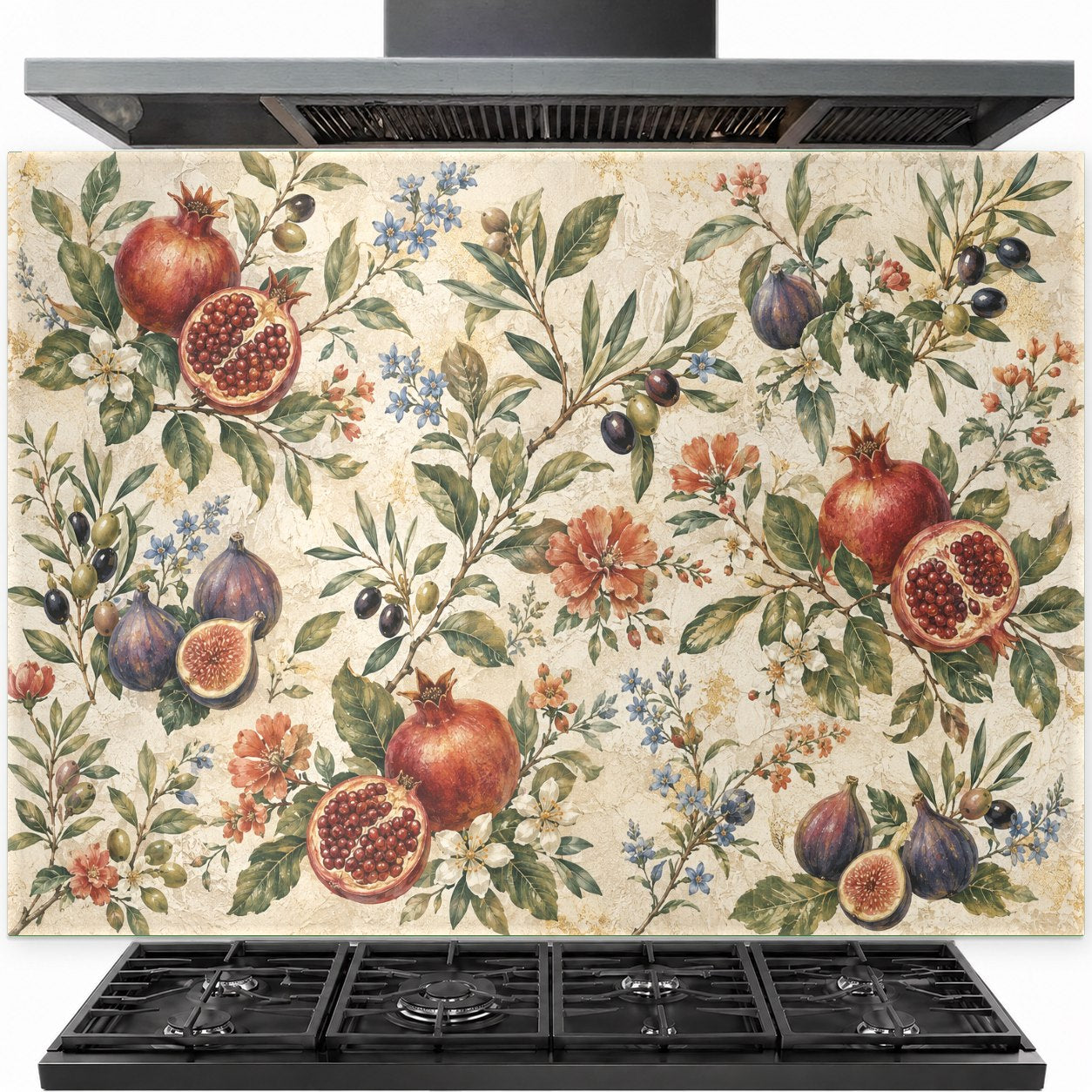 Pomegranate tempered glass backsplash installed behind a professional gas range in a bright modern kitchen.