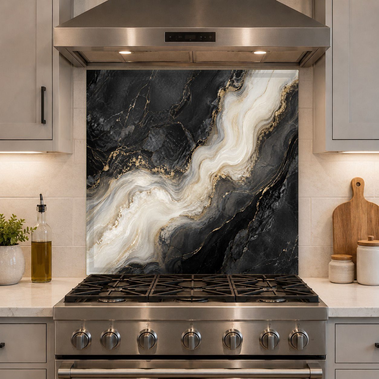 Close-up of white marble look tempered glass backsplash texture and shine