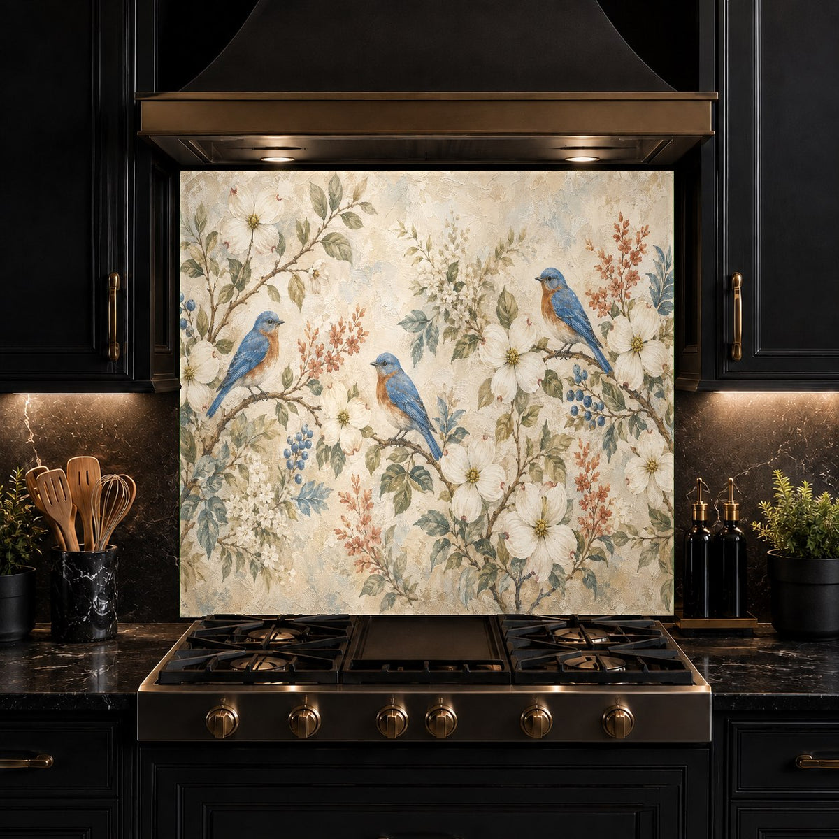 Vibrant bird family glass stove guard panel protecting the kitchen wall during active cooking.