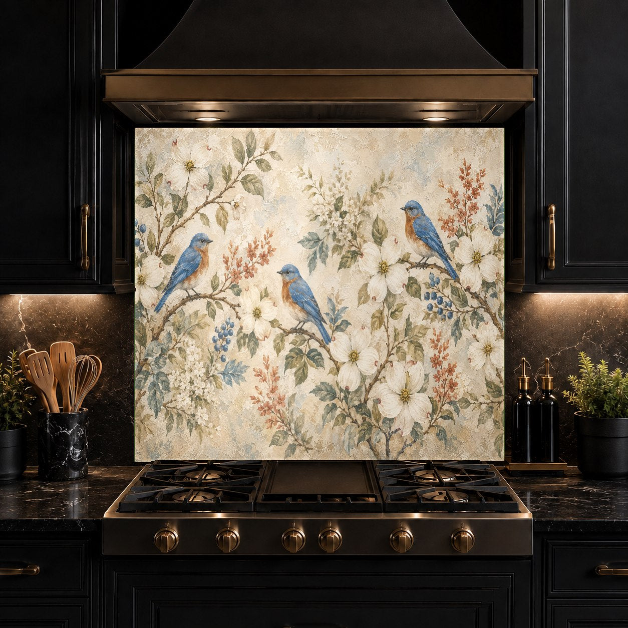 Vibrant bird family glass stove guard panel protecting the kitchen wall during active cooking.