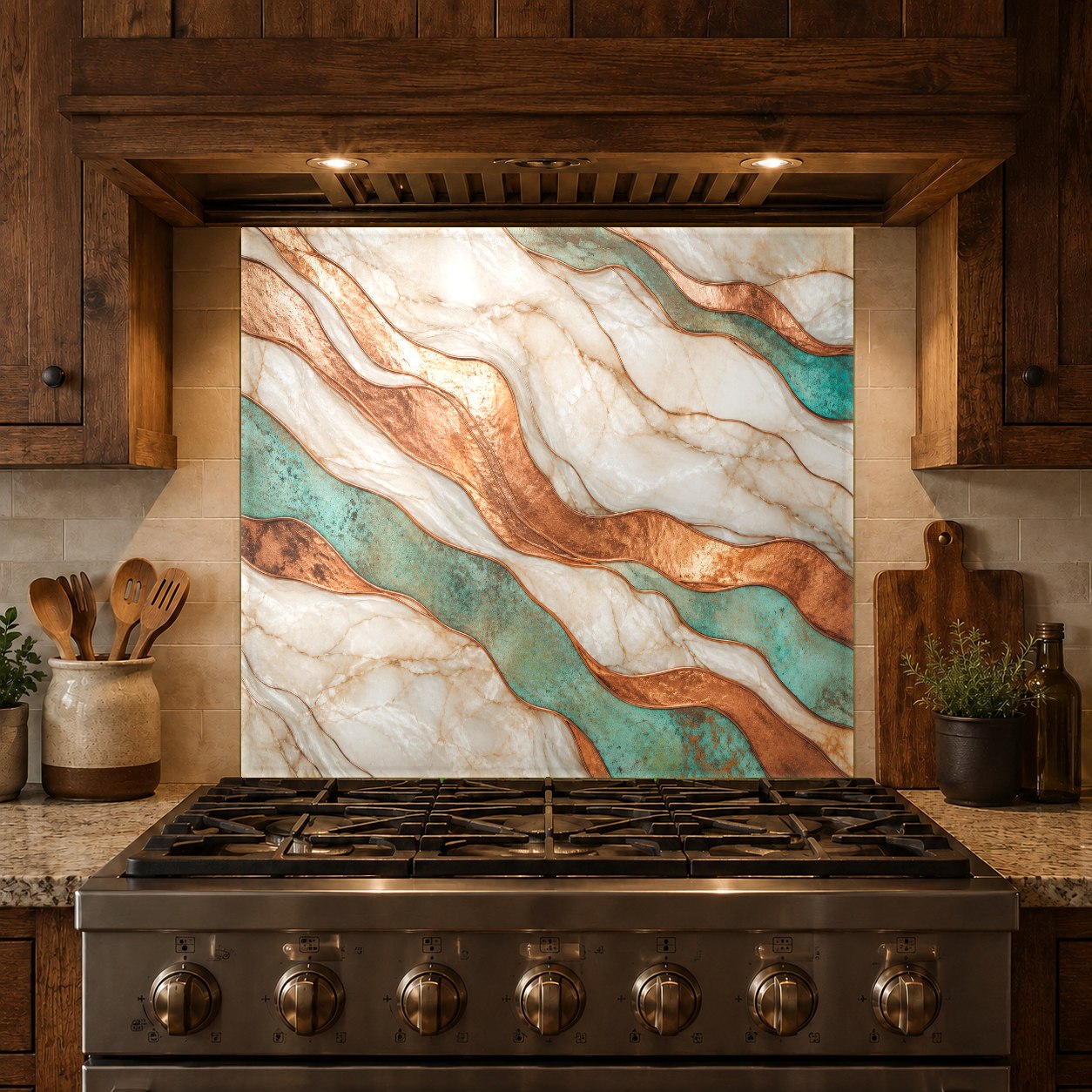Custom size copper patina glass kitchen backsplash panel providing a seamless, easy-to-clean wall protector.