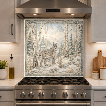 Fox in snow glass backsplash panel featured in modern kitchen island
