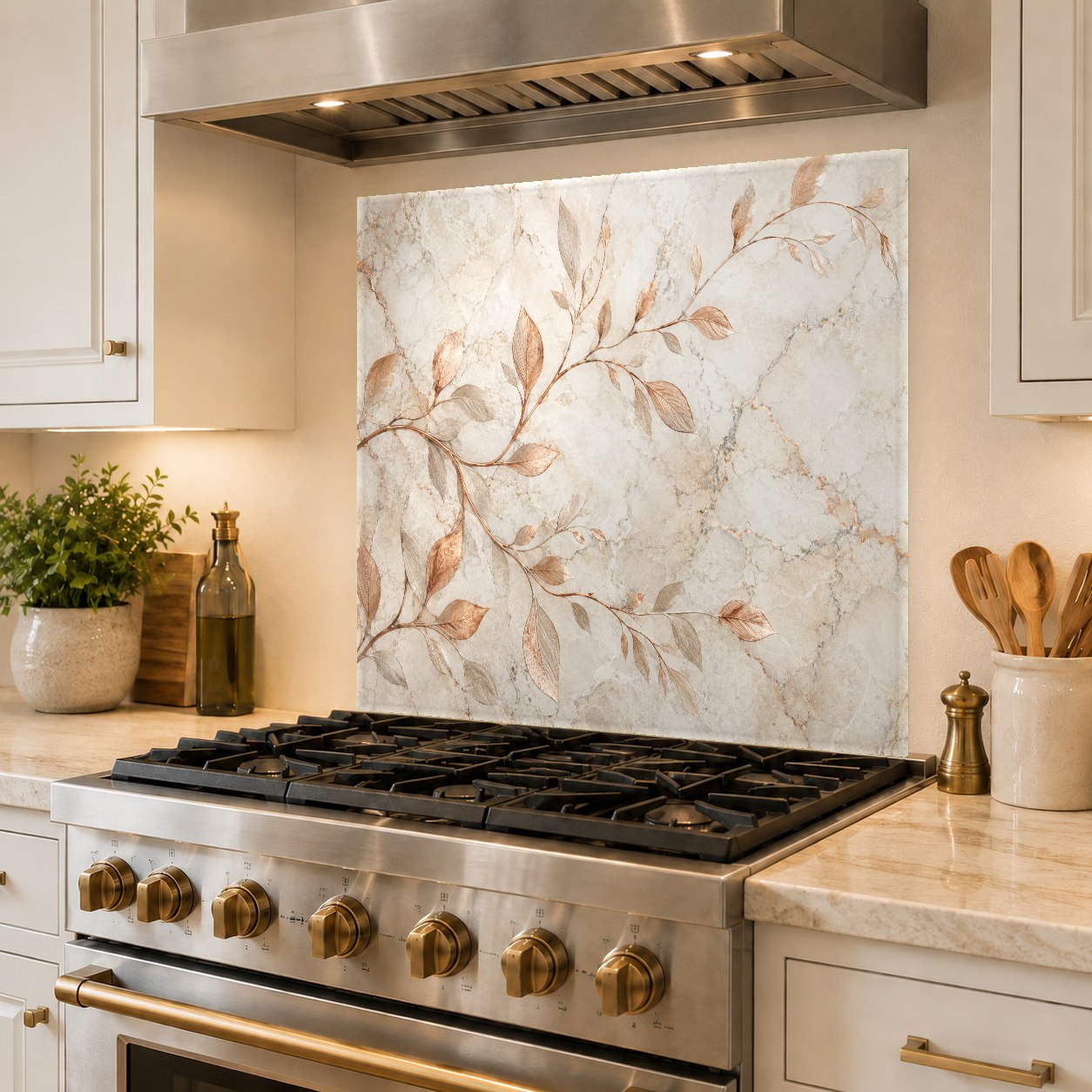 Durable tempered glass kitchen backsplash with a stunning bronze tree branch print installed over existing tile.
