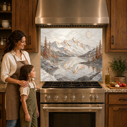 Warm metallic copper lake scene printed on glass, serving as a heat-resistant stove backsplash guard.