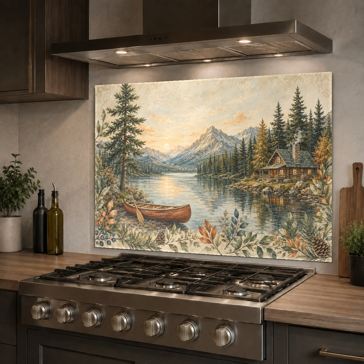 Heat-resistant glass backsplash featuring a mountain lake landscape above a professional range stove.
