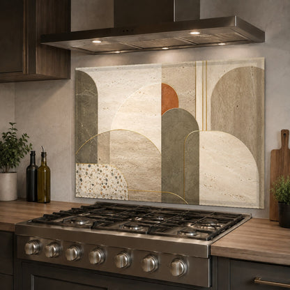 Modern abstract flow kitchen glass backsplash panel mounted above a stainless steel sink.