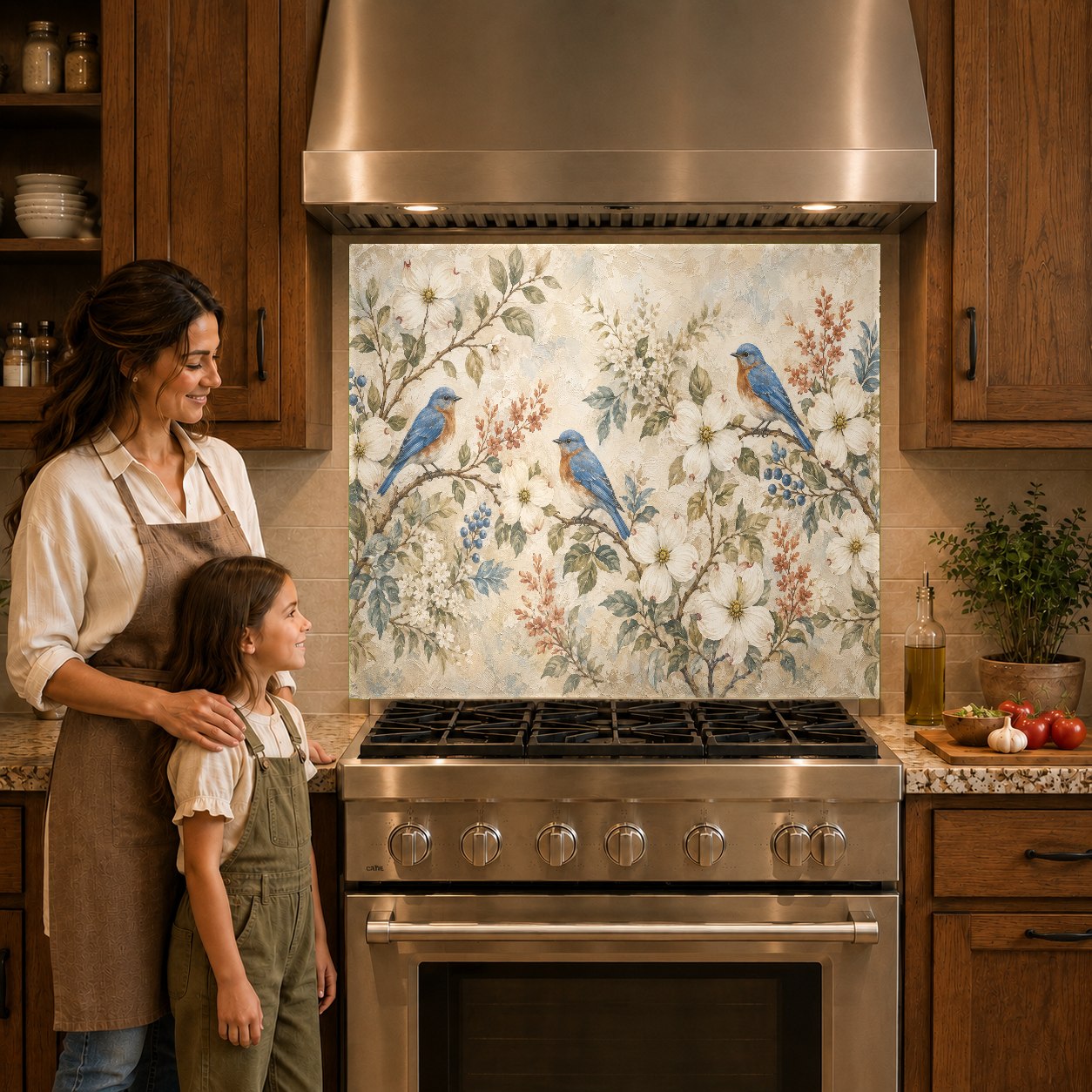 Close-up of the heat-resistant glass backsplash with a charming bird family design behind a professional cooktop.