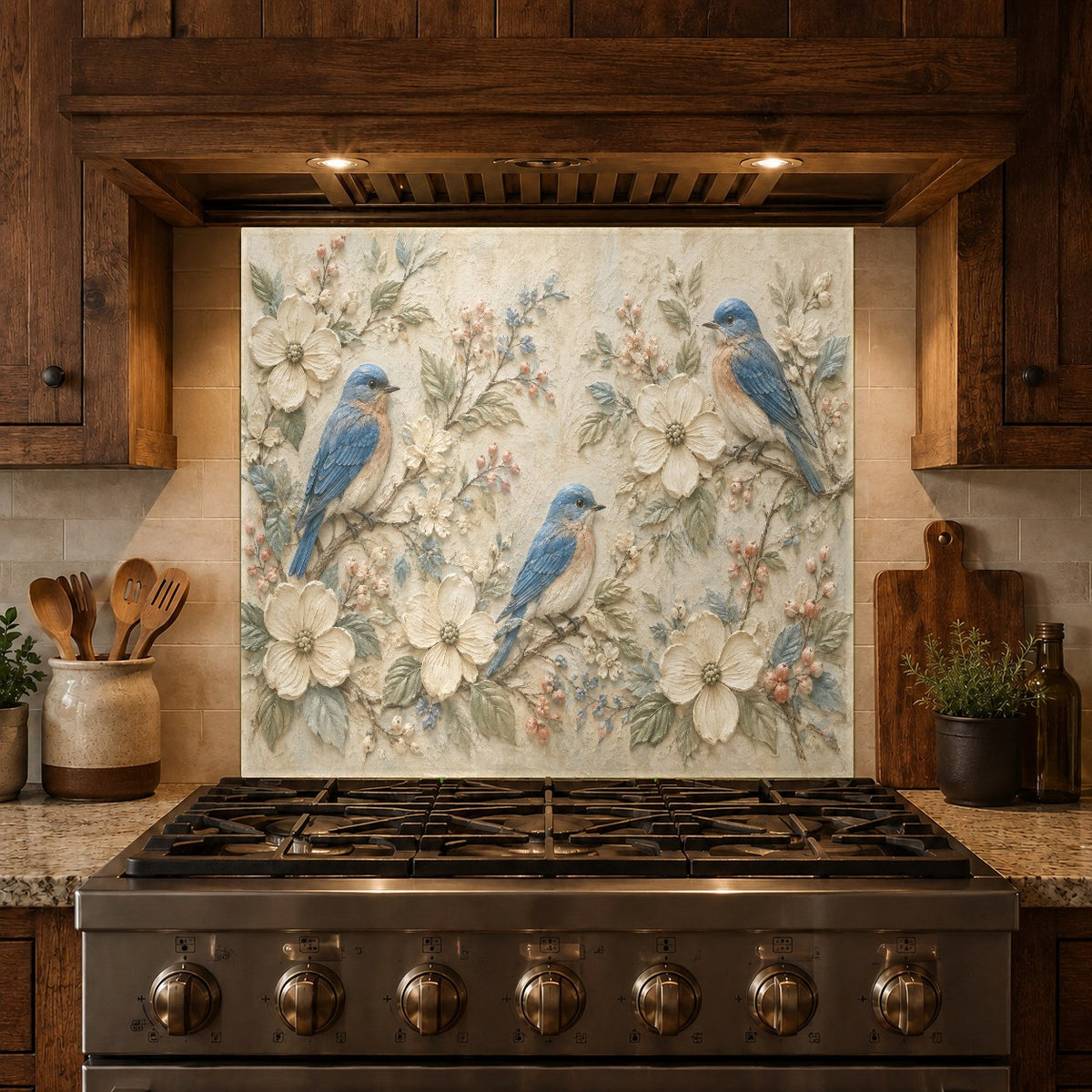 Full view of blue bird tempered glass kitchen splash guard