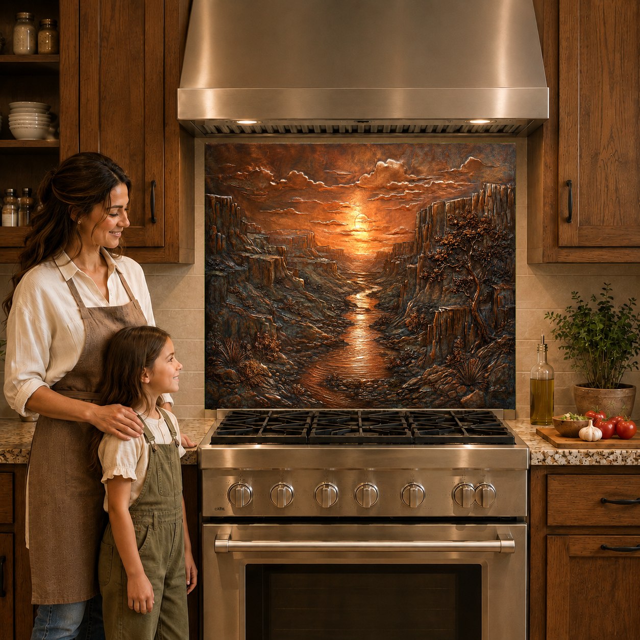 Metallic-look bronze and rust kitchen backsplash panel protecting the wall behind an induction cooktop.