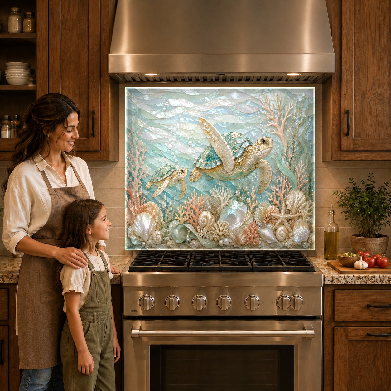 Ocean themed glass kitchen backsplash panel behind gas cooktop