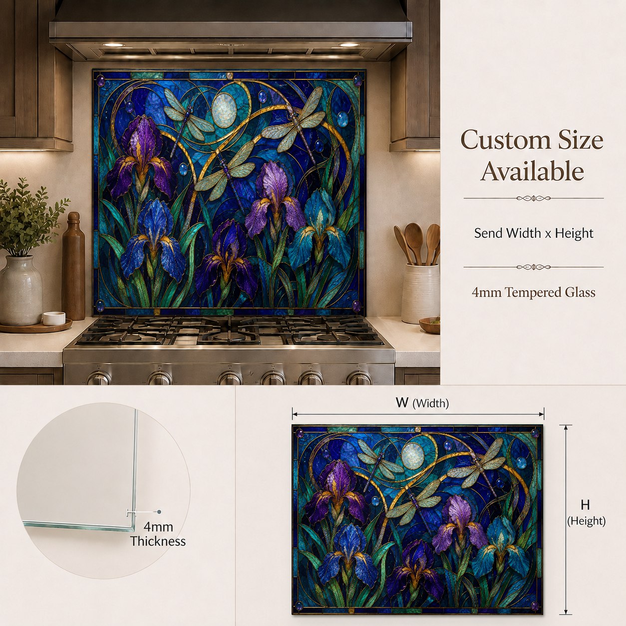 Modern kitchen featuring a stunning purple iris glass backsplash behind a professional stove setup.