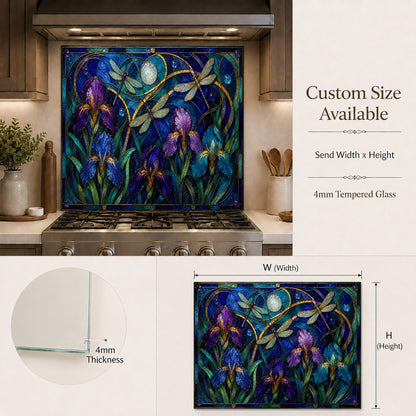 Modern kitchen featuring a stunning purple iris glass backsplash behind a professional stove setup.