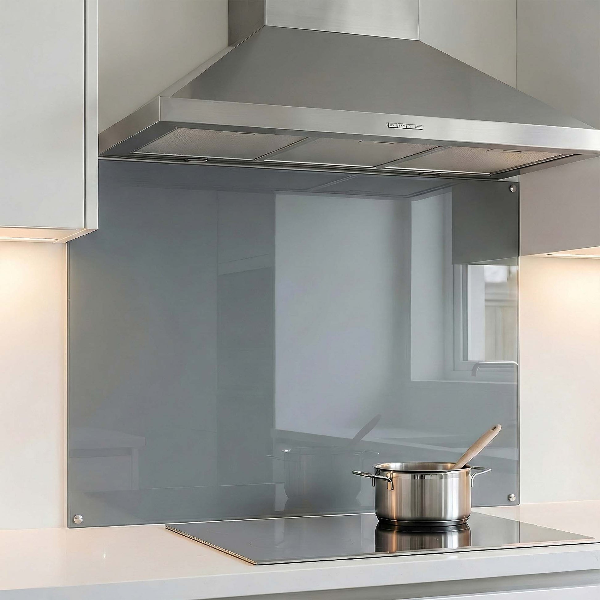 Modern kitchen with stainless steel range hood and glass splashback