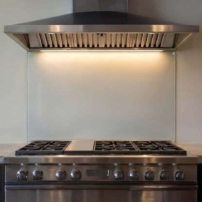 Stainless steel kitchen range with hood, glass backsplash and cooktop